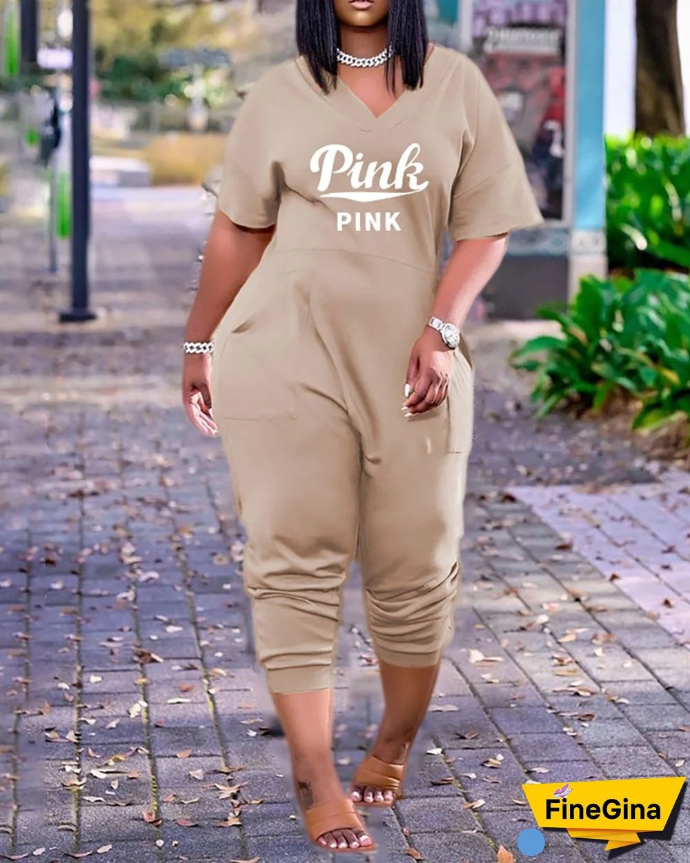 Letter Print V-Neck Short Sleeve Pocket Design Jumpsuit