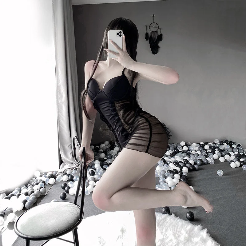Women's Lingerie Lace Strap Chemise Mesh Sleepwear Black Transparent Pajamas Sexy Body Curves Outfits For Female Night Dress