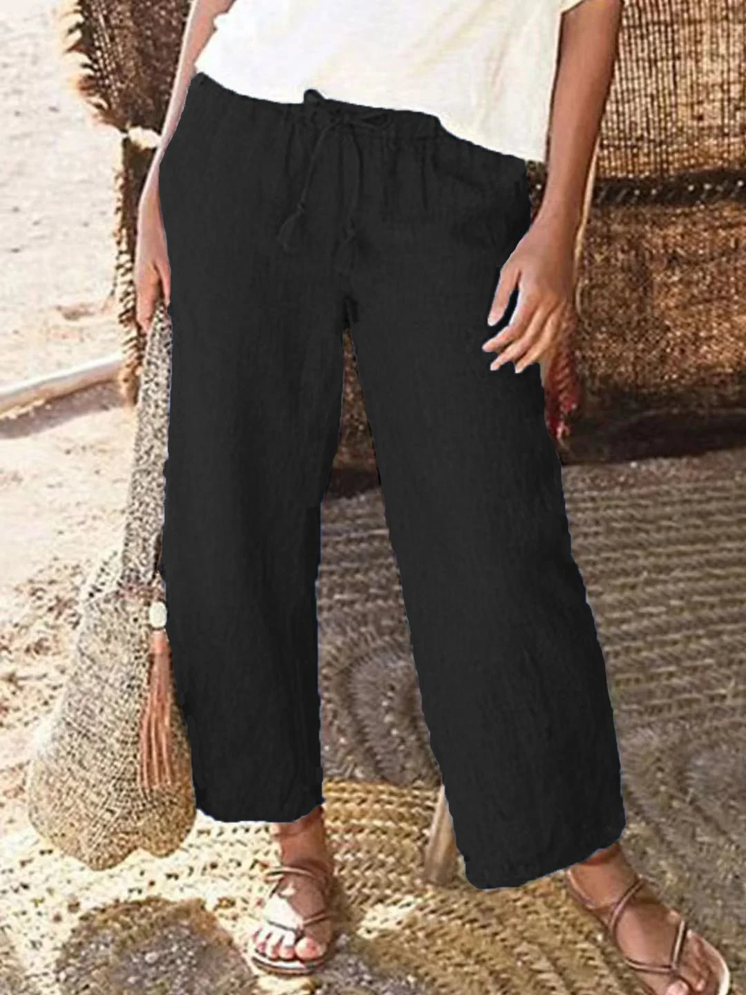 Women'S Pants Solid Elastic Lace-Up Straight-Leg Pants