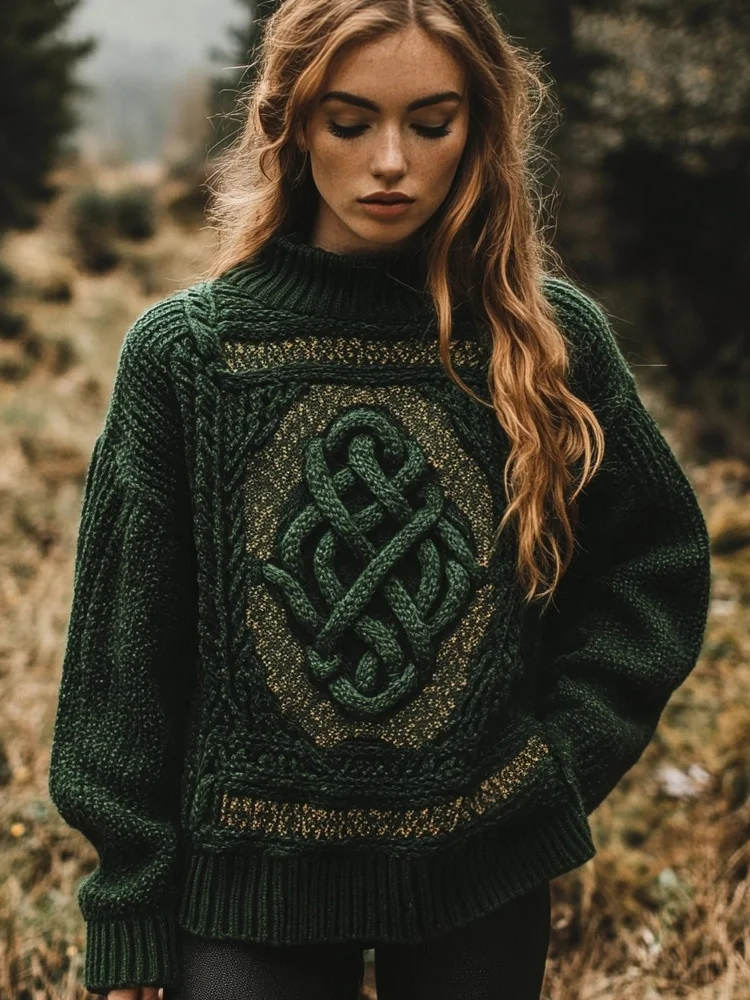 Retro Celtic Knot Knitted Crew Neck Cozy Sweater