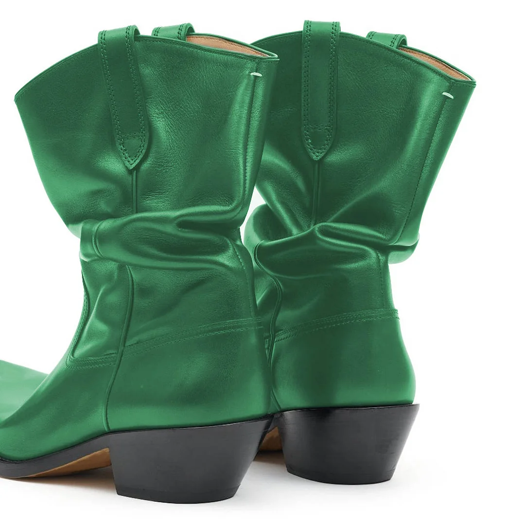Shiny Green Almond Toe Side Loops Silhouette Boots with Block Heel