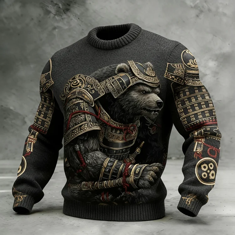 Men's Celtic Style Armored Bear Crew Neck Knit Sweater