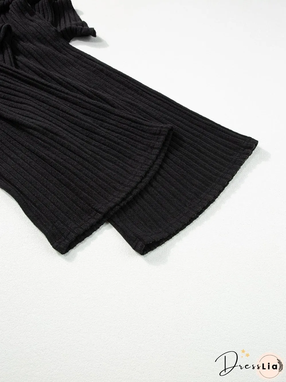 Chic Black Ribbed Wide Leg Jumpsuit with Short Sleeves