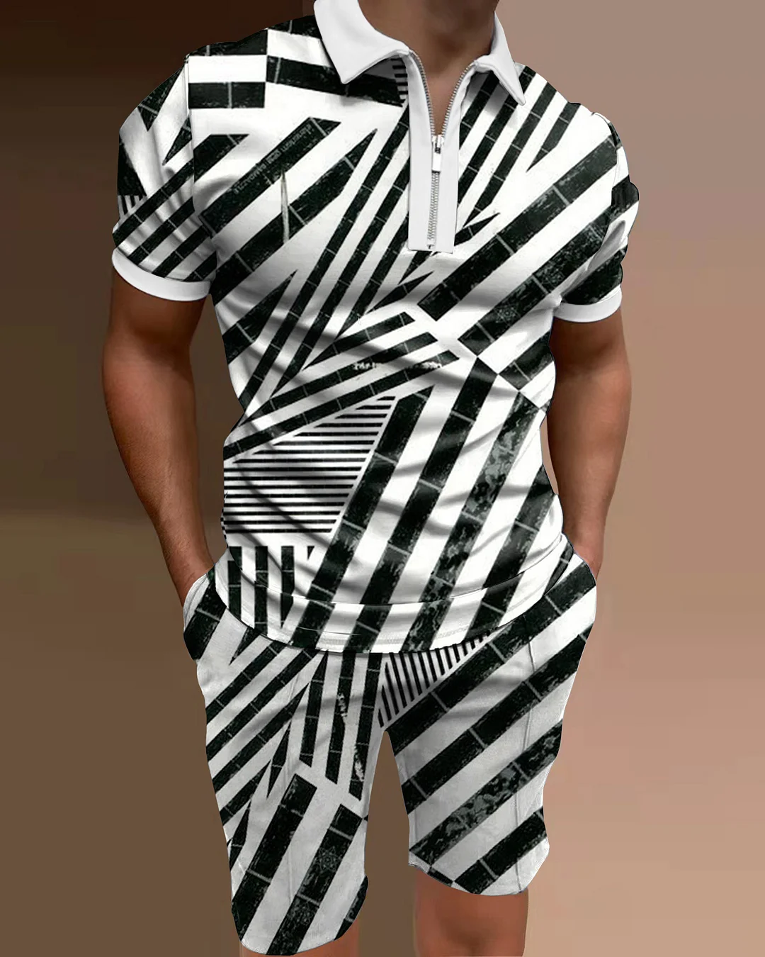 Men's polo shirt diagonal stripe two piece set