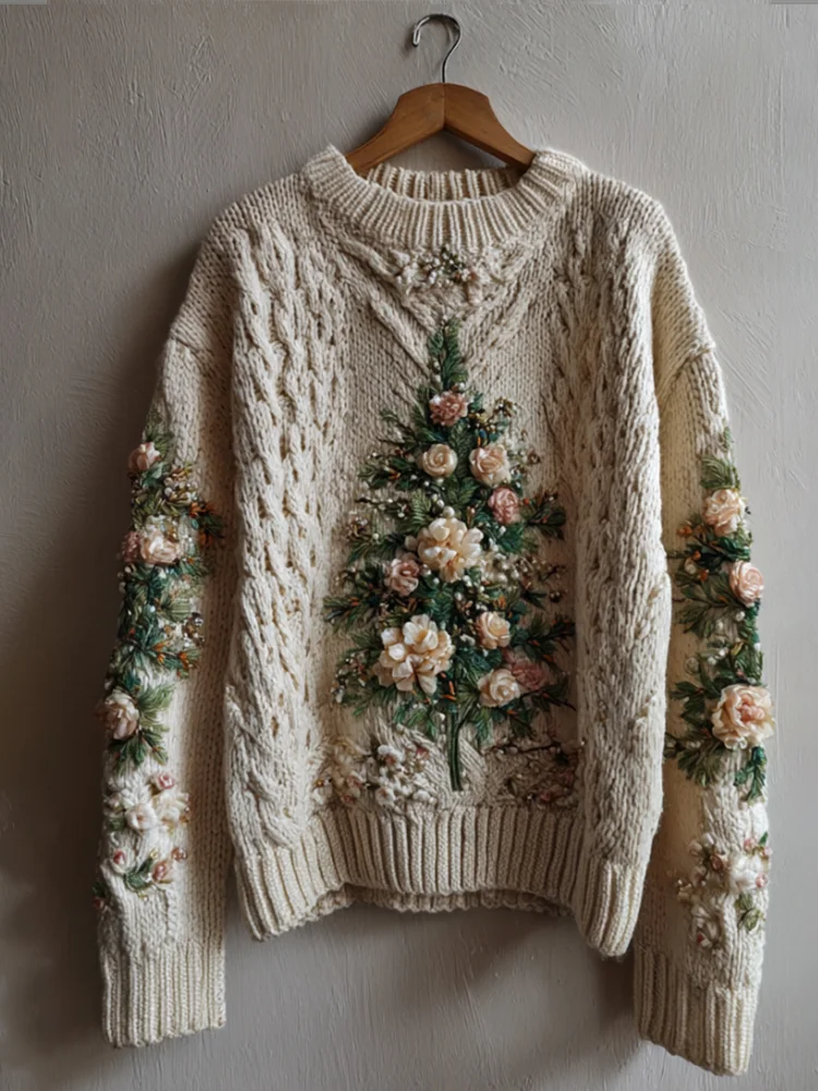 Vintage Rose Christmas Tree Green Round Neck Sweater