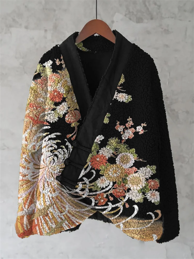 Japanese Chrysanthemum Floral Art Cozy Fleece Kimono Cardigan