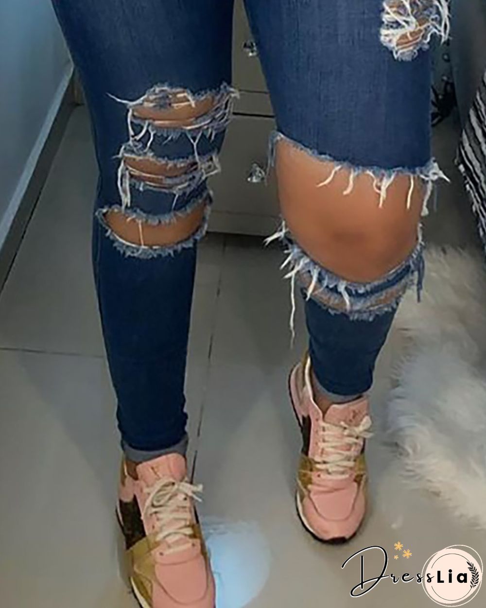 Fringe Hem Ripped Cutout High Waist Jeans