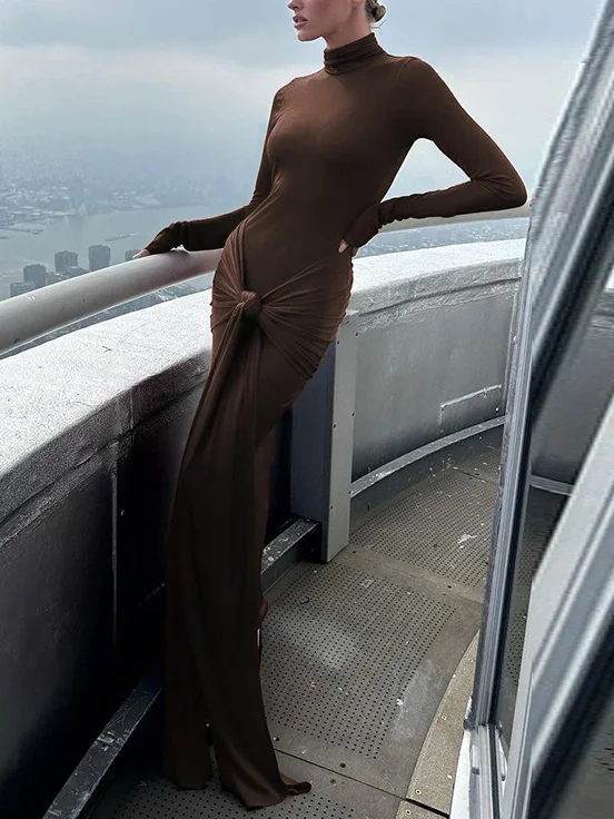  Fashion Solid Color Strappy Long Sleeve Maxi Dress