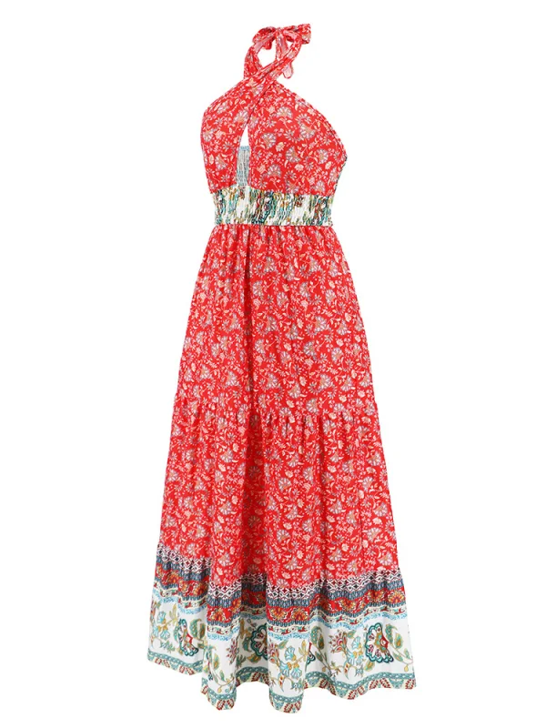 Halter Sleeveless Floral Print Maxi Dress