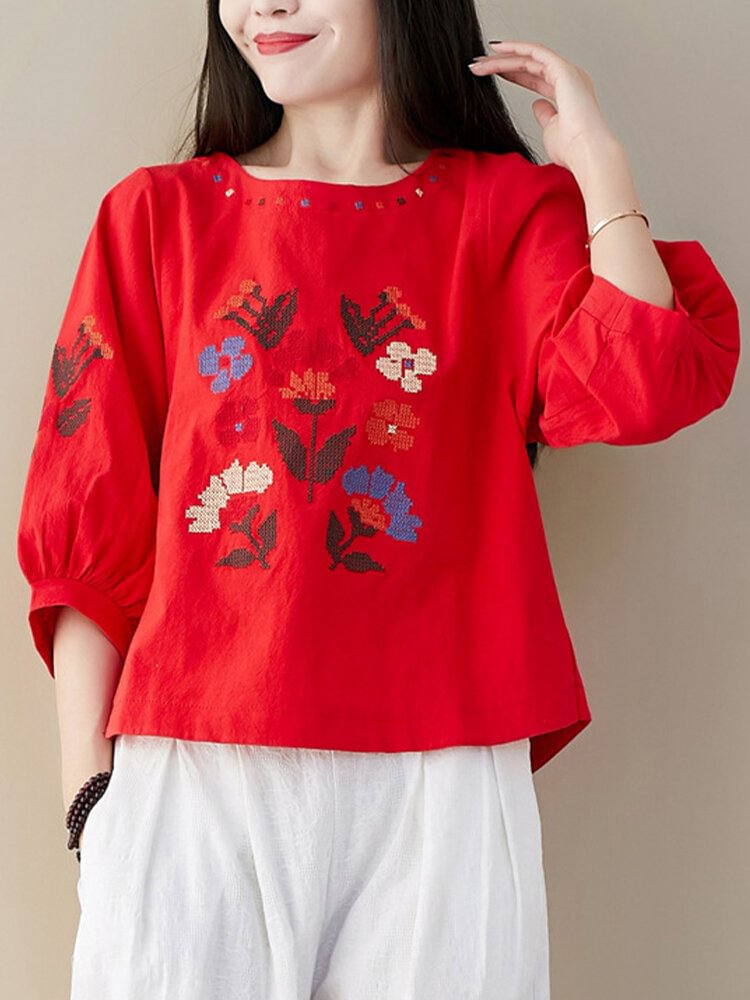 Vintage Embroidery Flower O neck Three Quarter Sleeve Casual T shirt For Women P1691436