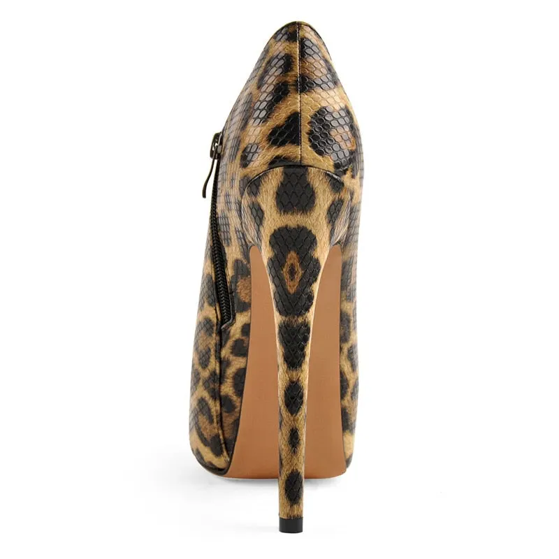 Onlymaker Women's Platform Leopard and Black Ankle Booties Thin High Heels Lace Up Stiletto Side Zipper Sexy Lady Boots