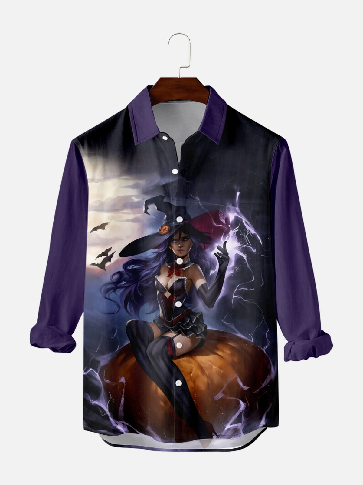 Men's Halloween Magic Witch Pattern Long Sleeve Shirt PLUSCLOTHESMAN