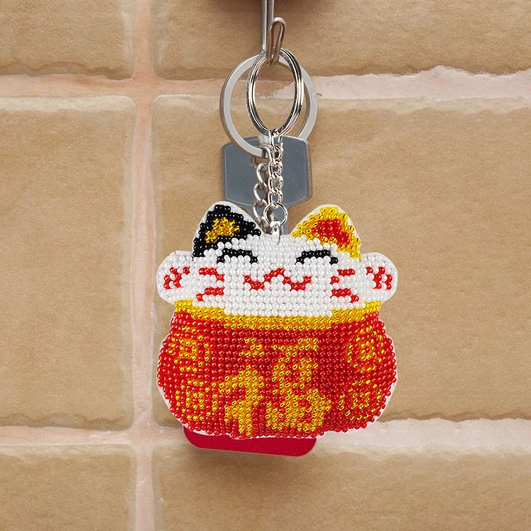 DIY Cross Stitch Key Chain Fortune Cat Embroidery Bead Bag Pendant