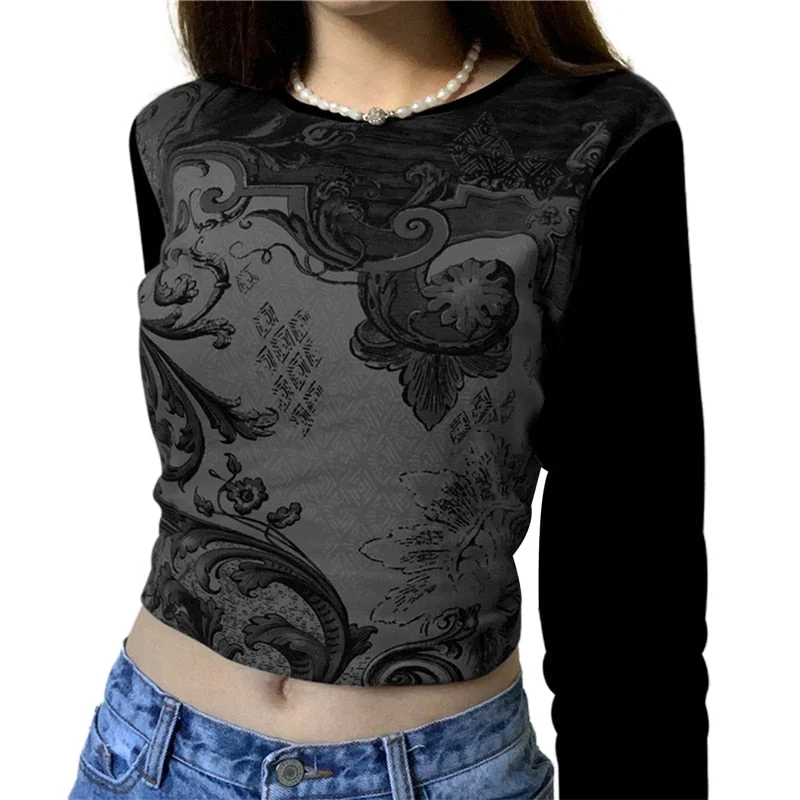 Xingqing Angel Wings Print Tops Fairy Grunge Graphic T Shirts Vintage Indie Aesthetic Clothes Cyber Y2k Slim Long Sleeve Top