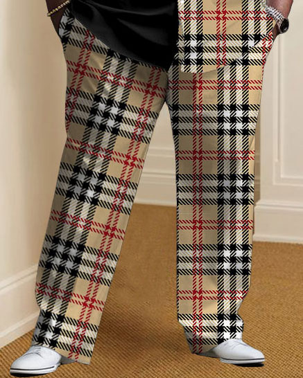 Men's Plus Size Casual Versatile Khaki Plaid Stitching Long-sleeved Lapel Shirt 2-piece Set