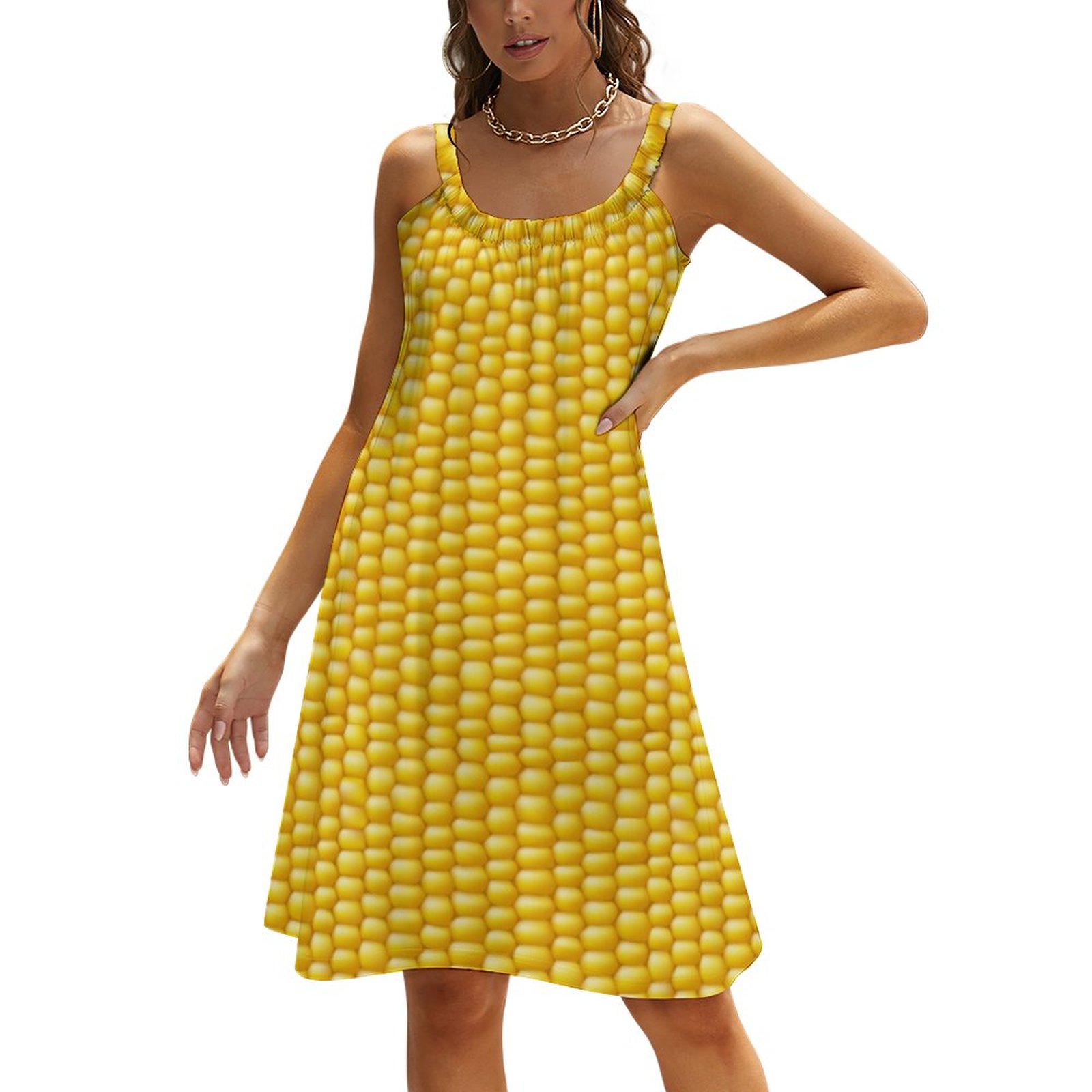 Corn Cob Background Summer Hawaiian Beach Retro Dresses Casual Sling Sleeveless Printed Knee Length Dress
