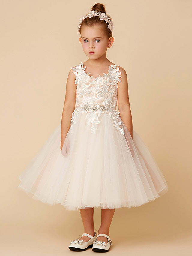 Oknass Sleeveless Spaghetti Strap Flower Girl Dress Lace Tulle With Crystal  Lace  Sashes Ribbons