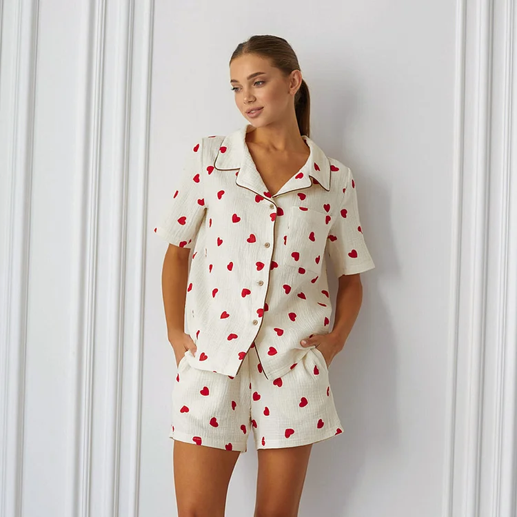 Autumn Fashion Heart Printing Cotton Pajamas Two-piece Cardigan