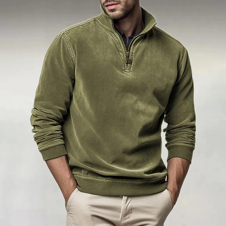 Men's Casual Half Zip High Neck Long Sleeve Loose Plain Sweatshirt