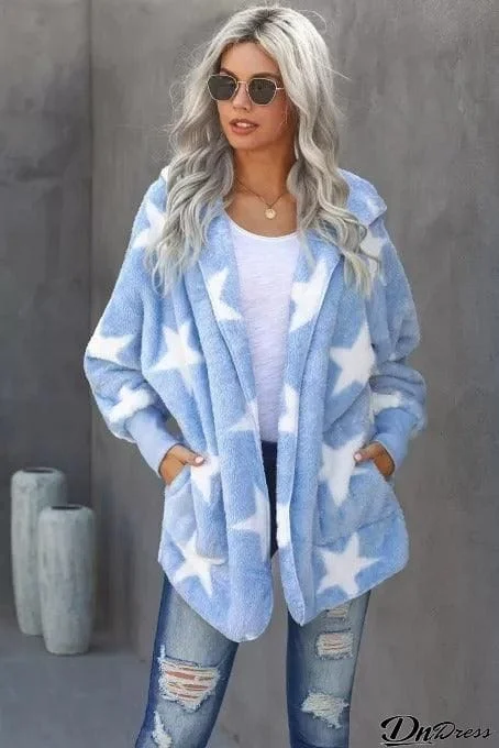 Star Open Front Fuzzy Hooded Jacket with Pockets