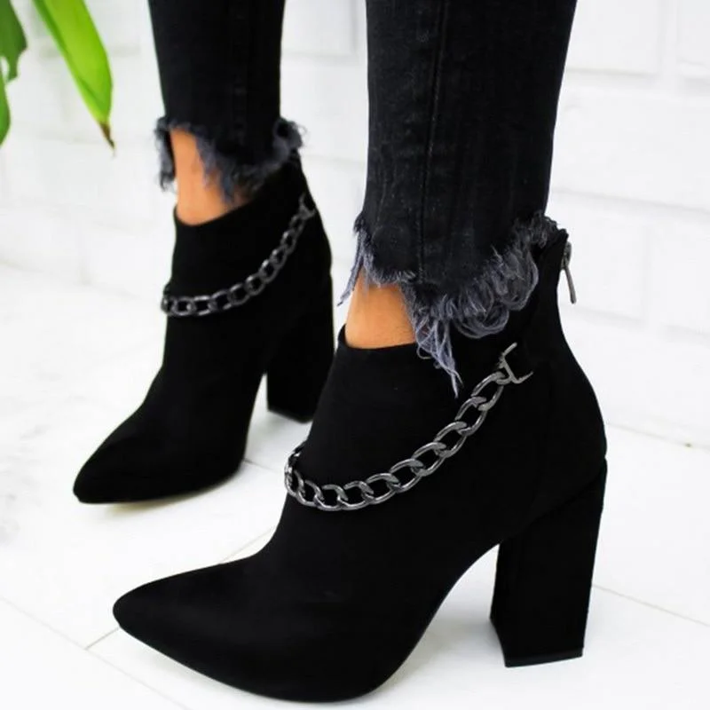 Woman Boots Pointed High Heels Shoes Solid Color Leather Ankle Boots Female Boots Fashion Thick Heel Back Zipper Women Shoes 1213-1