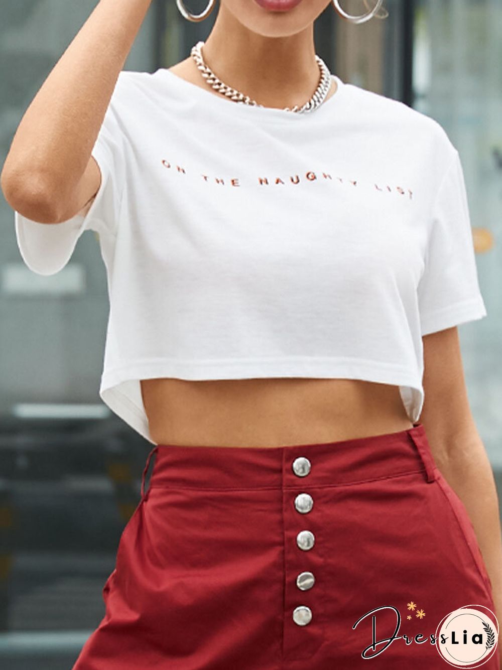 Letters Print O-neck Short Sleeve Casual Crop Top for Women