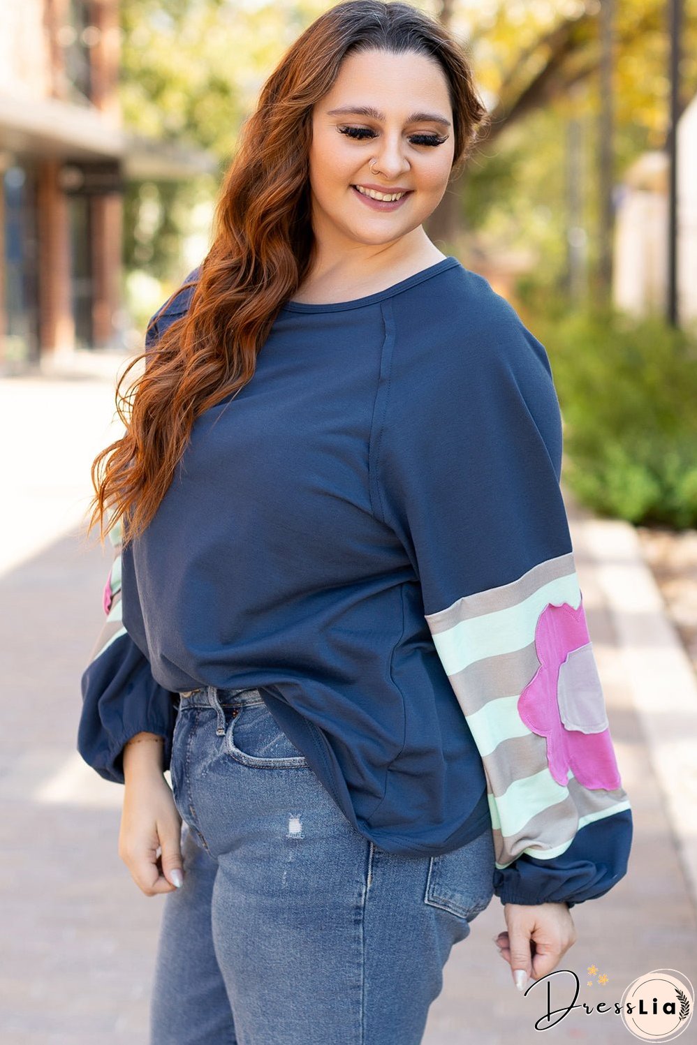 Sail Blue Flower Patchwork Raglan Sleeve Exposed Seam Oversized Top