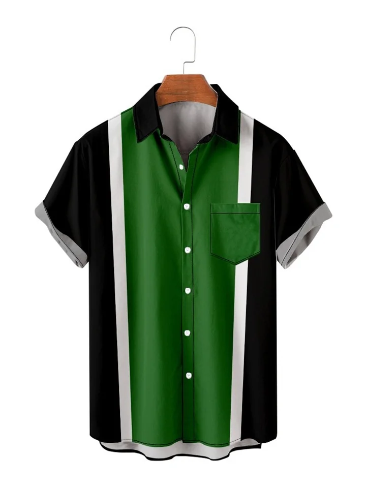 Summer Men's Short-sleeved Printed Shirt Fashion Splicing Color Stripes Simple Comfortable Men's Shirt
