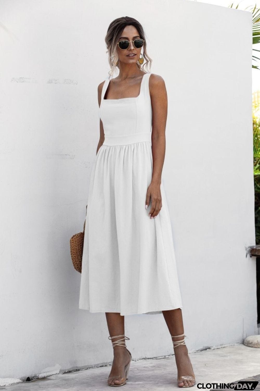 Square Neck Sleeveless Smocked Midi Dress