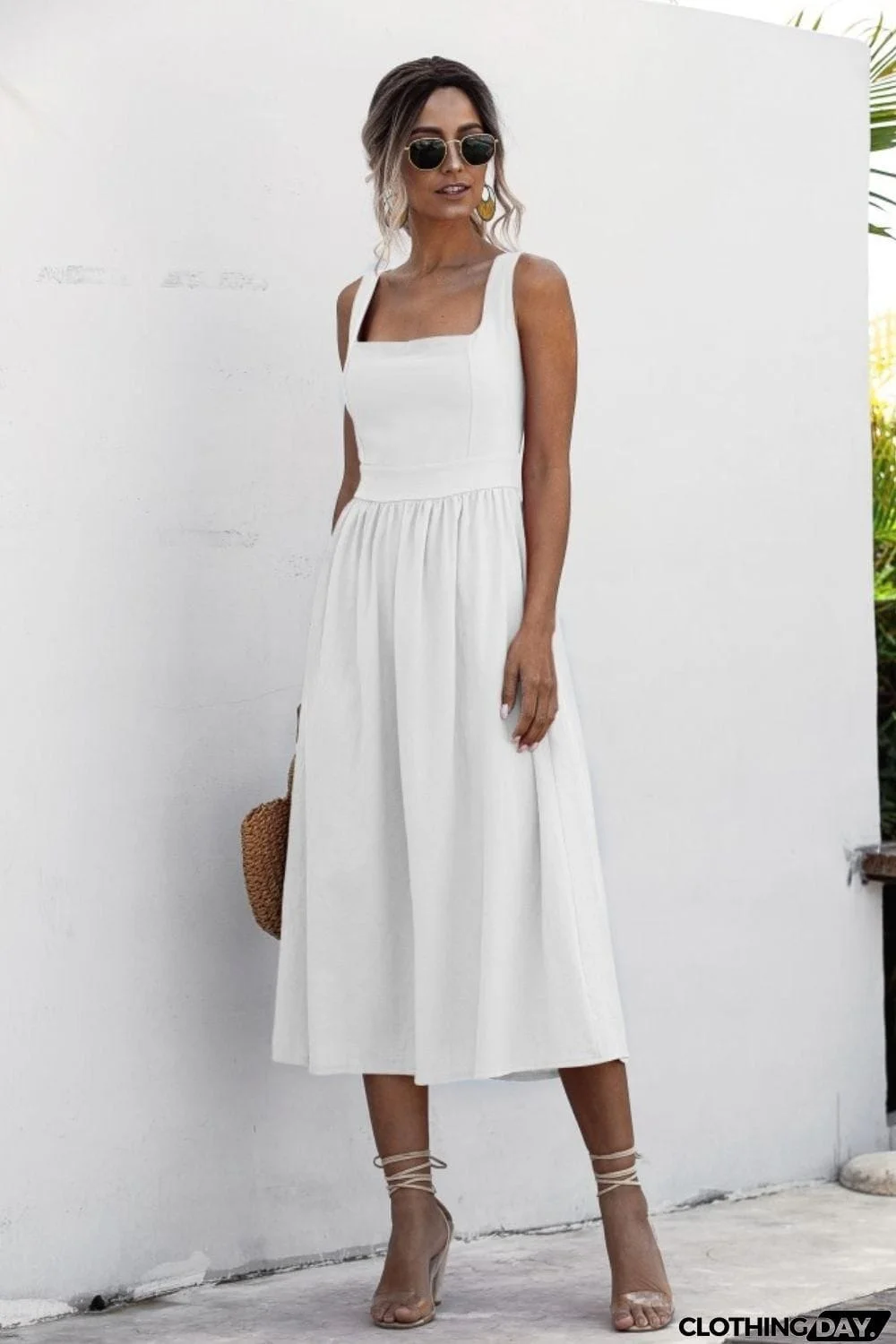 Square Neck Sleeveless Smocked Midi Dress