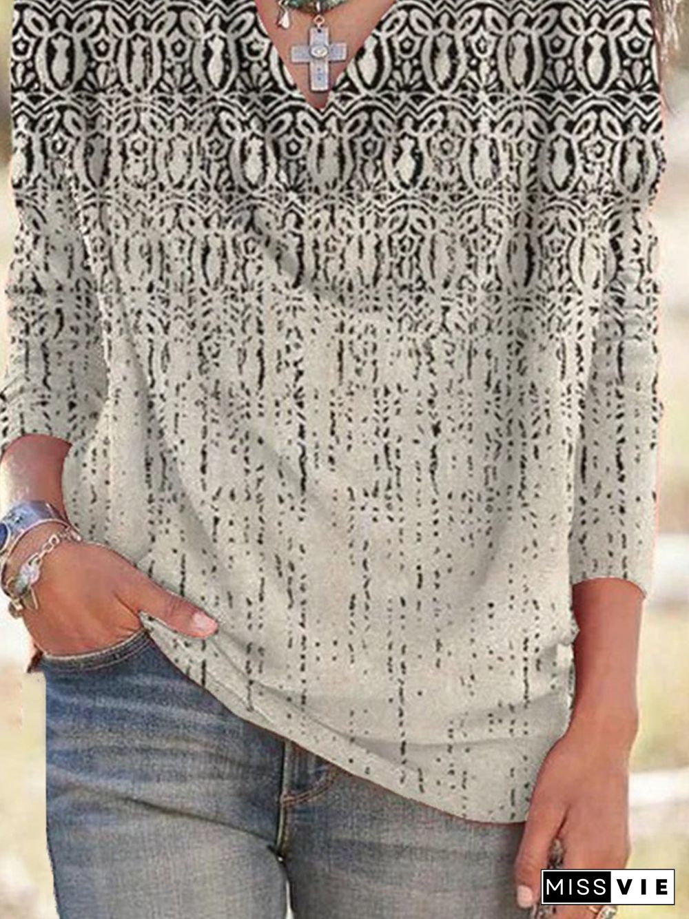 Casual Abstract V Neck Loose Long Sleeve T-Shirt
