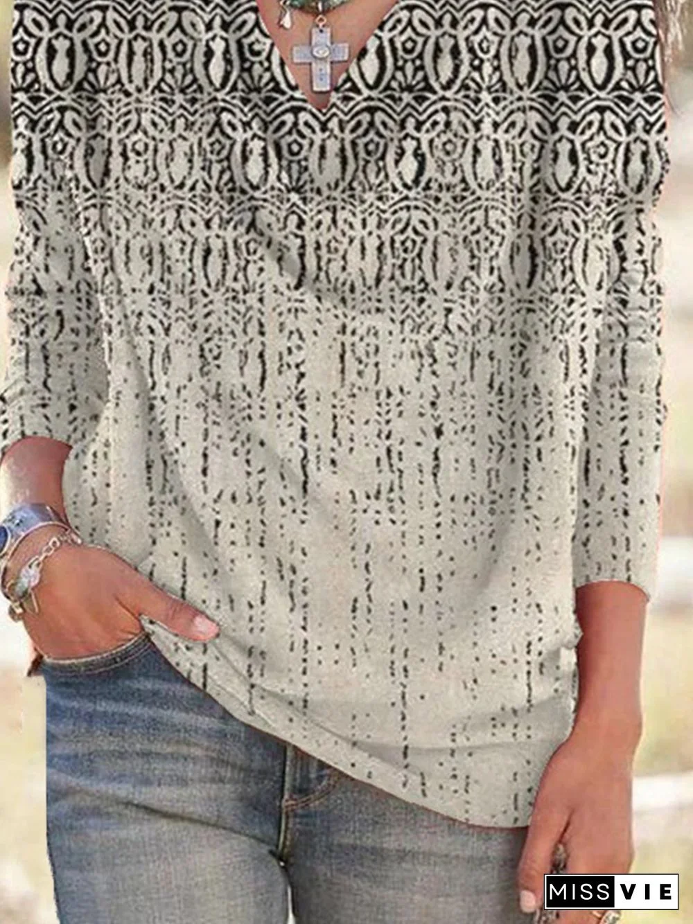 Casual Abstract V Neck Loose Long Sleeve T-Shirt