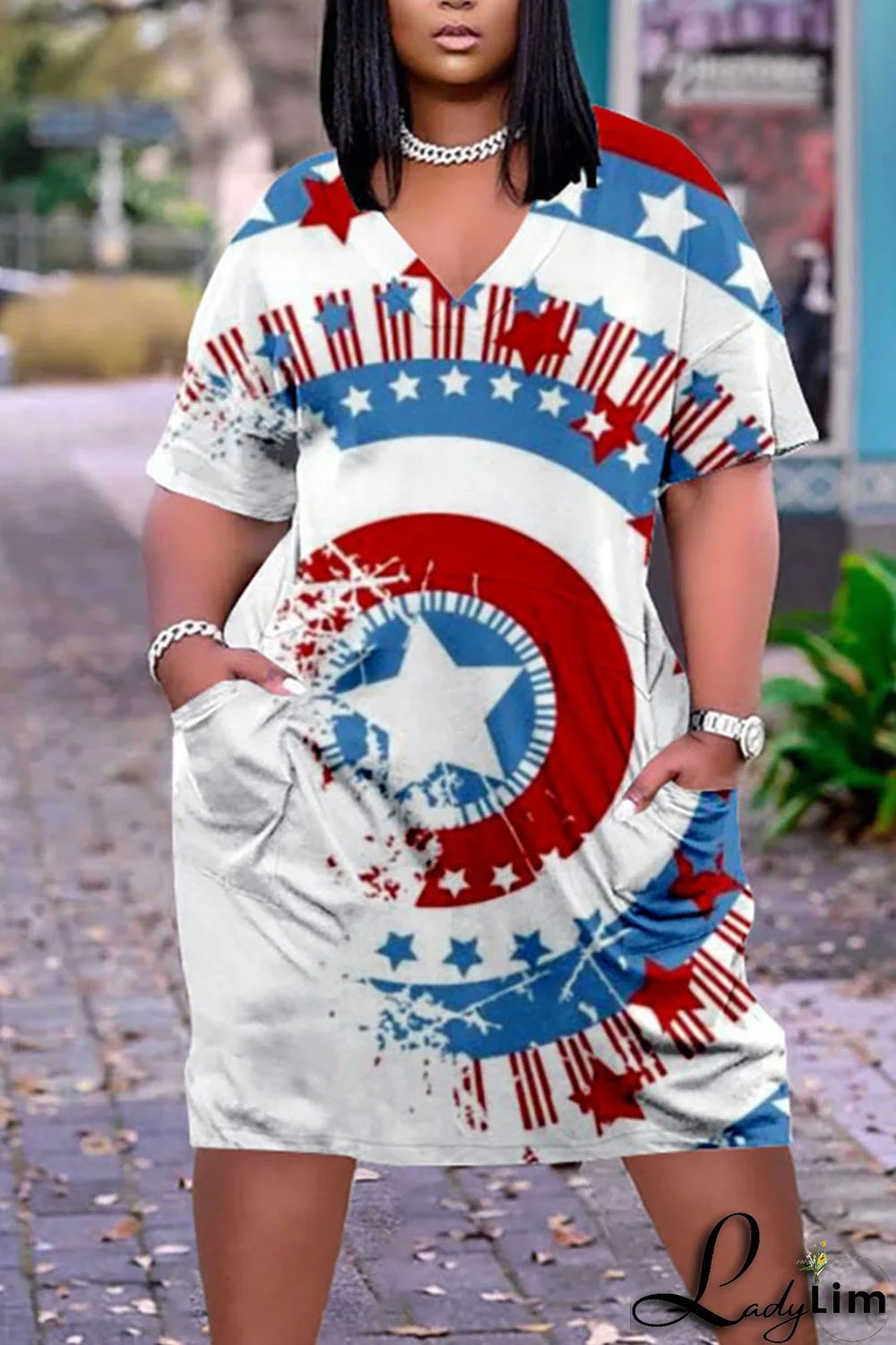 Deep Blue Casual Print Patchwork V Neck Dresses