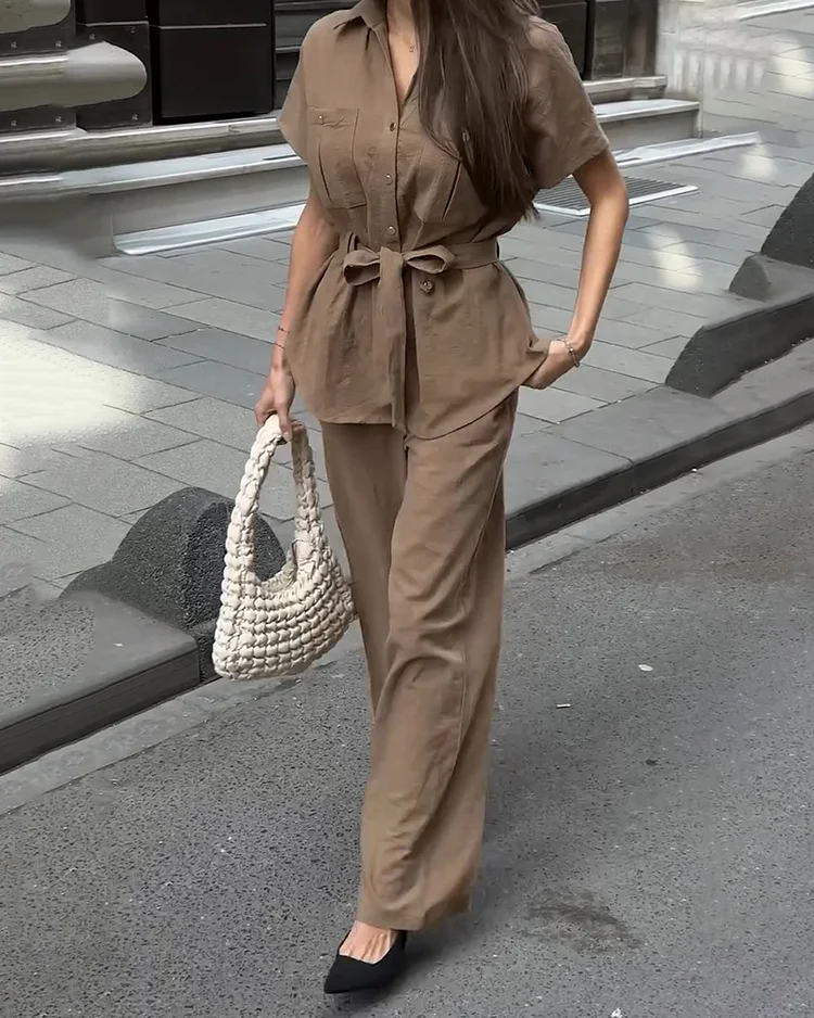 Women's solid color pants and shirt suit