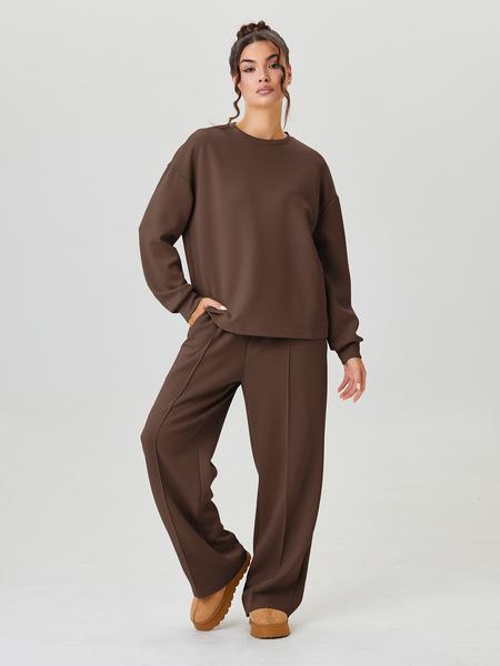 Women's Casual Solid Color Loose Long Sleeve Top & Exposed Stitches Trousers Co-ord Women's Casual Solid Color Loose Long Sleeve Top & Exposed Stitches Trousers Co-ord