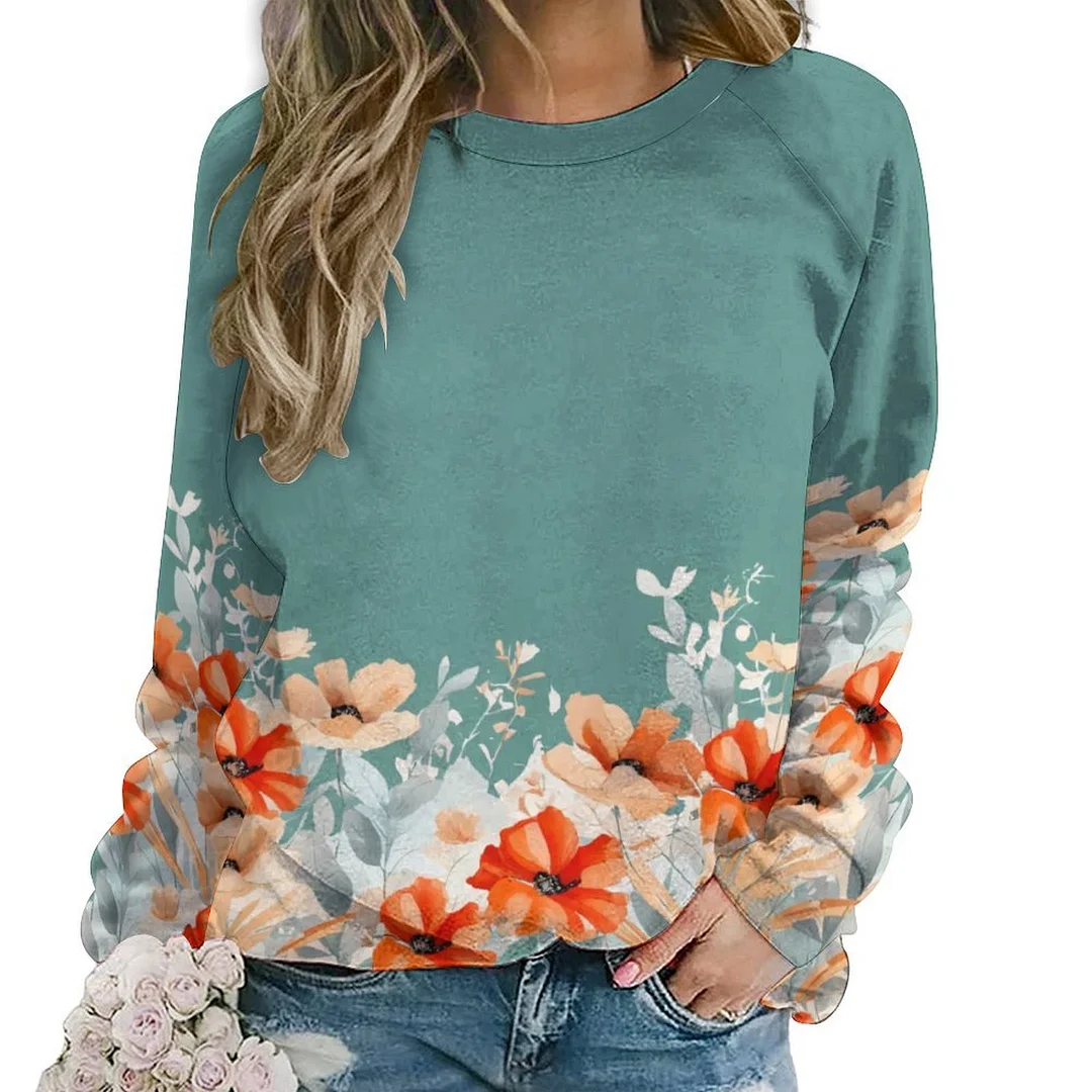 Printed Long Sleeve Casual Sweatshirt for  Women and Men Unisex Pattern Green, Red, Floral
