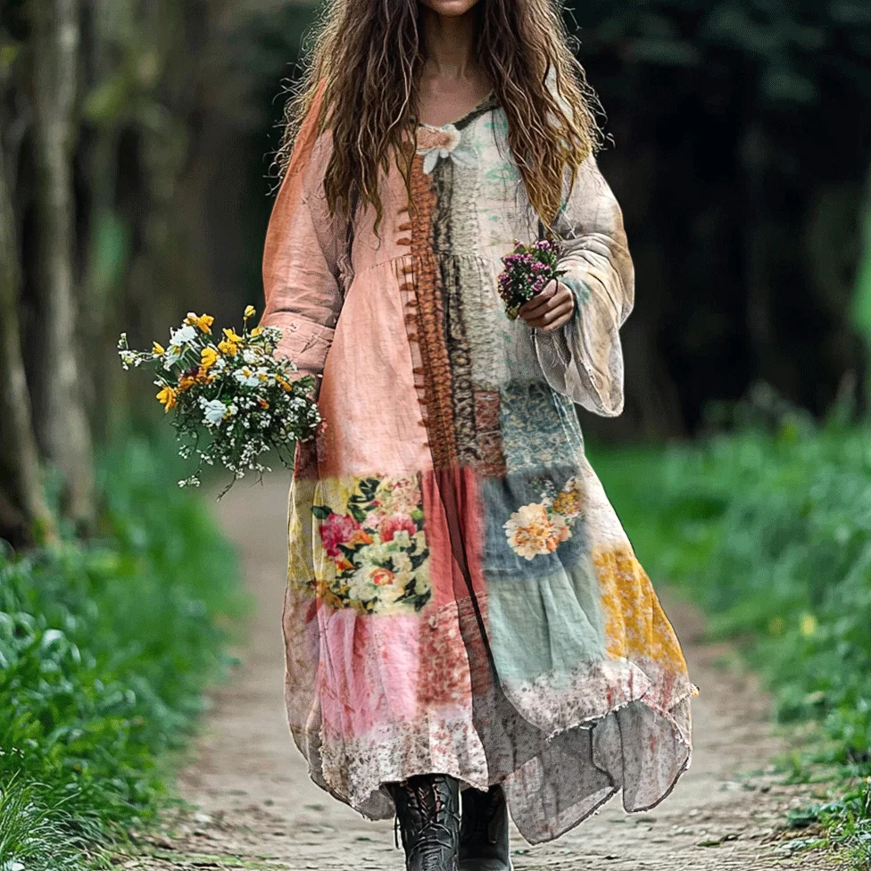 Women's Bohemian Floral Art Cotton And Linen Dress