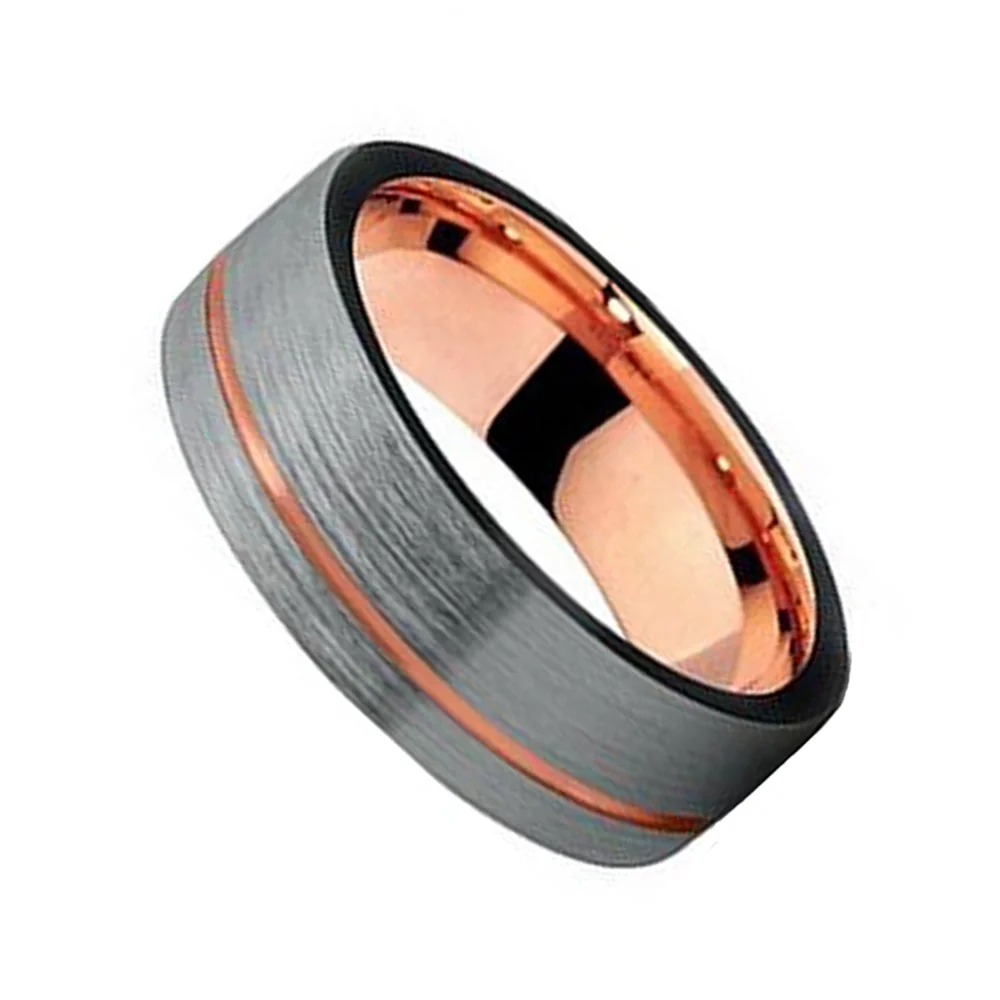 6MM 8MM Thin Rose Gold Grooved Gray Brushed Surface Finish Mens Wedding Band