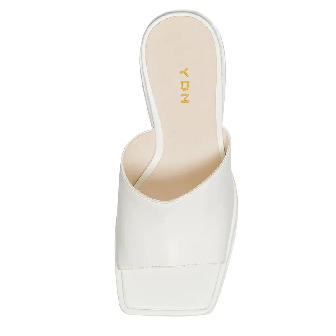 Women's Vegan Leather Square Toe Platform Block Heel Mules in Ivory