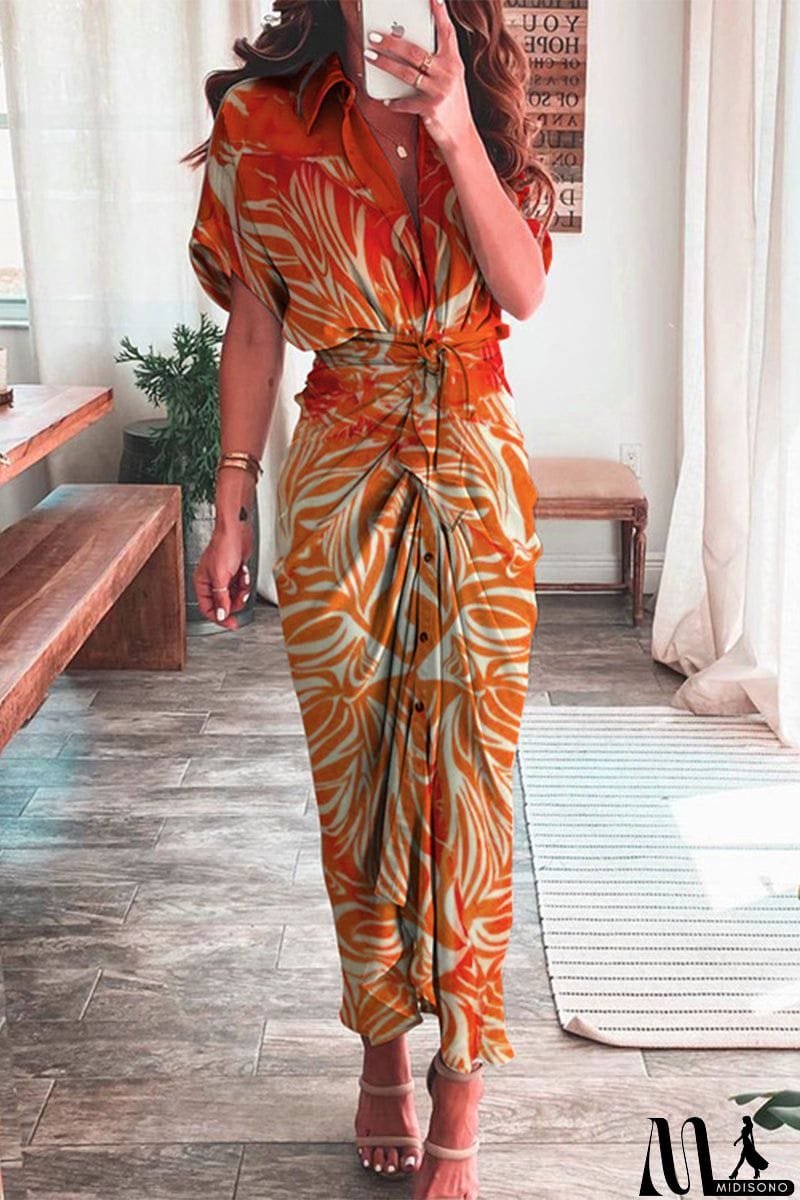 MidiSono - Casual Print Patchwork Turndown Collar Shirt Dress Short Sleeve Dress