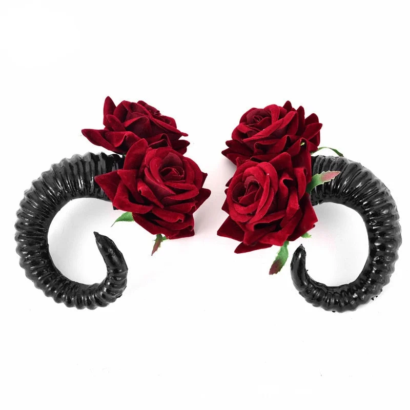 Gothic Cosplay Hair Clips With Red Rose Dark Queen Shofar Head Accessories Anime Roleplay Punk Style Hair Clamp For Man Women