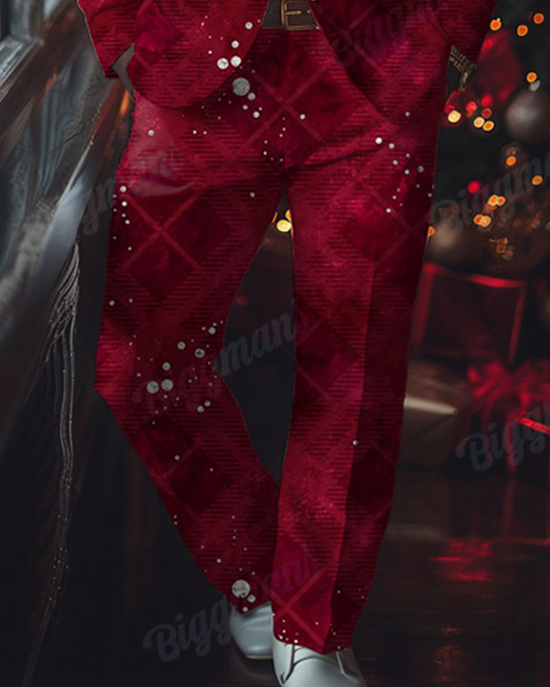 Men's Big and Tall Christmas Red Plaid Dot Print Party Blazer Suit