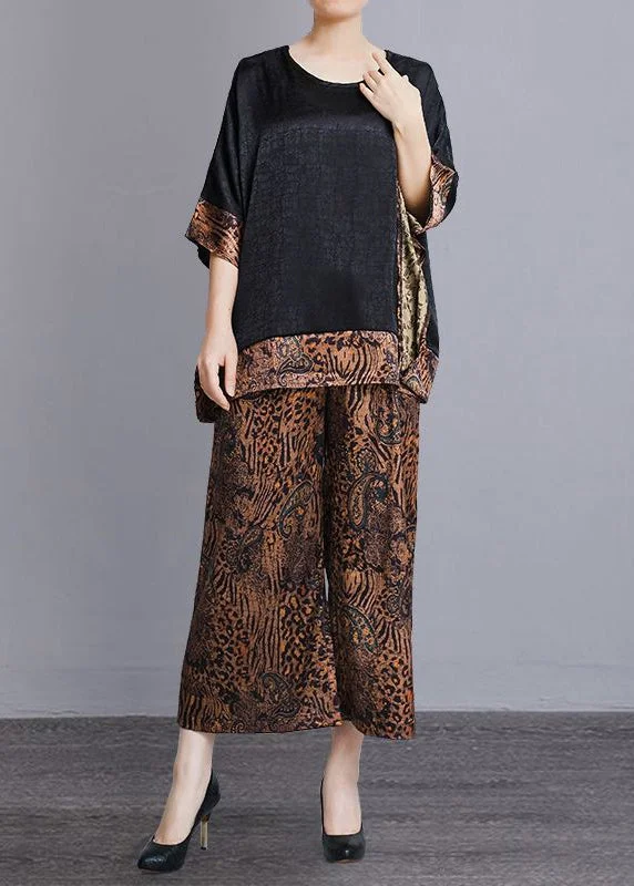 Plus Size Leopard O-Neck Print Patchwork Silk Two Pieces Set Batwing Sleeve