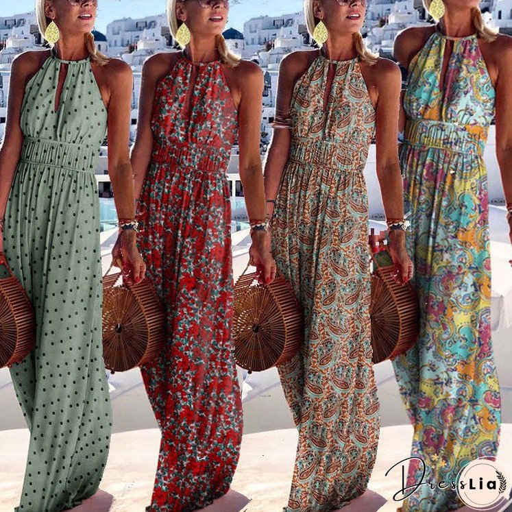 XIEYINSHE AliExpress New round Neck Halter Backless Sexy Print Dress Women's Long Dress