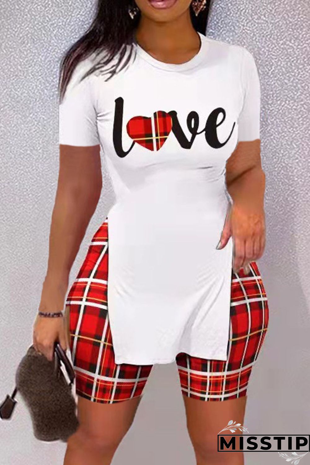 Red Casual Print Patchwork Slit O Neck Short Sleeve Two Pieces