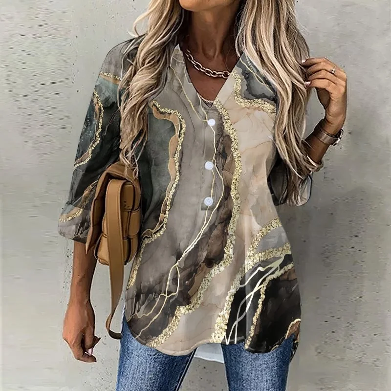 Women's Retro Marble Tie-dye Print Button Blouse