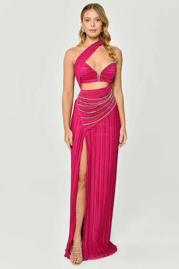 One Shoulder Rhinestone Chain Cut Out Pleated Slit Formal Party Maxi Dresses [Pre Order]