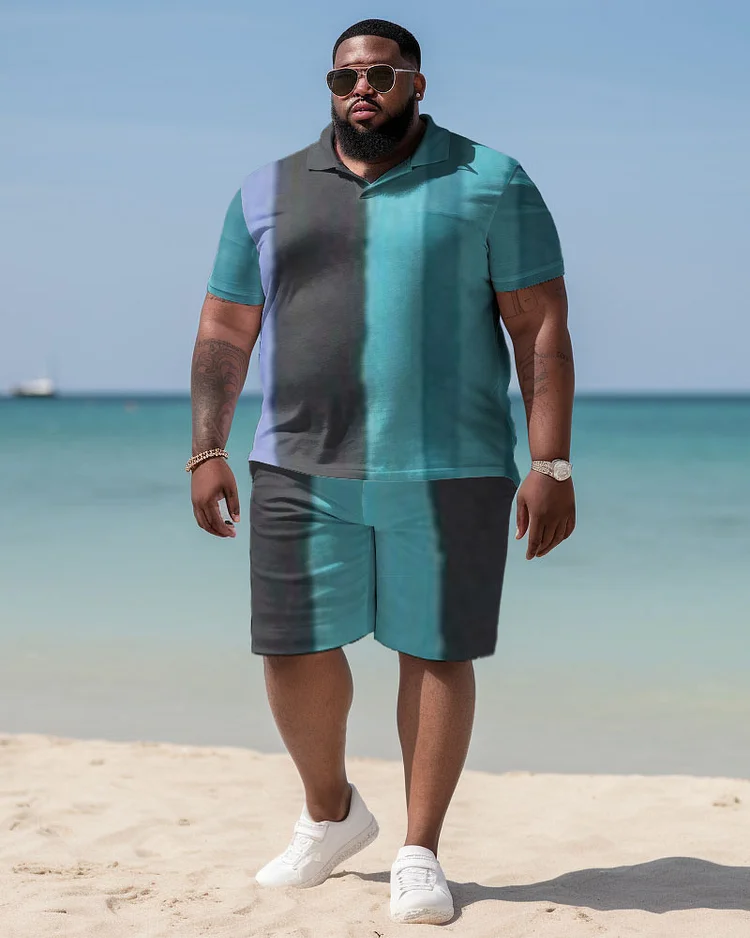 Men's Plus Size Contrast Print Short Sleeve Pol Shirt Shorts Suit
