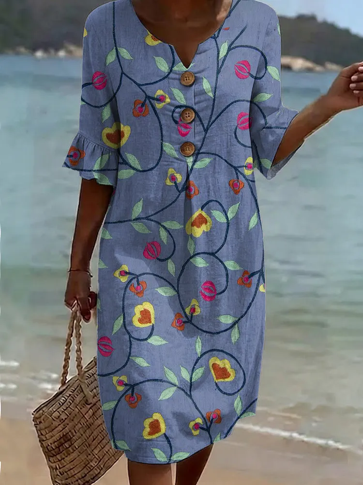 Women's Vintage Flower Pattern Print Casual Button-down Cotton Dress
