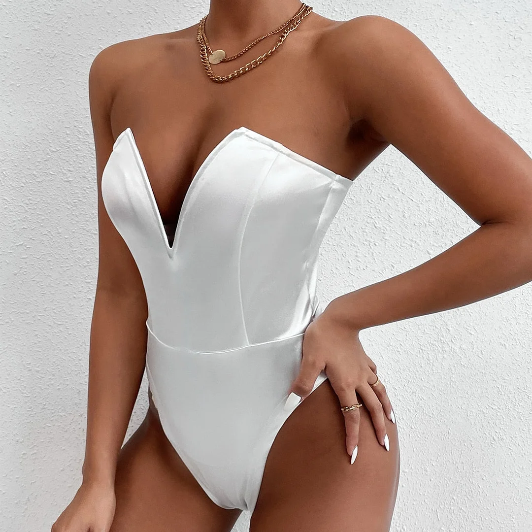 wsevypo Sexy Deep V Neck Tube Top Sleeveless Strapless Bodycon Bodysuit for Women Off Shoulder Backless Corset Leotard Tops